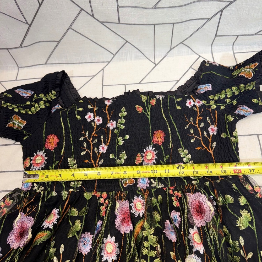 Torrid Mesh Mini Dress 1 Black Wildflower Butterfly Embroidered Smocked Square - Picture 5 of 6